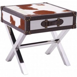 Huxley Cowhide Drawer Table, front angled view