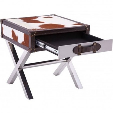 Huxley Cowhide Drawer Table, with drawer open