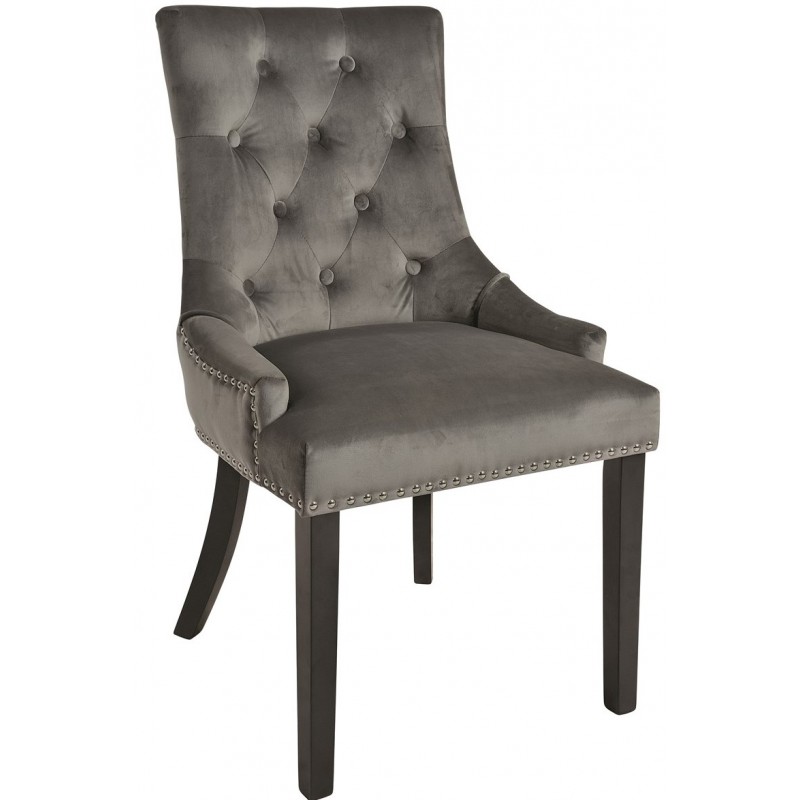 Velvet Studded Upholstered Dining Chair, Grey Upholstered Dining Chairs With Black Legs