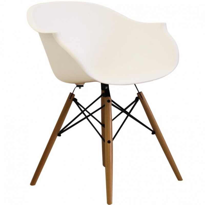 Eames Style DAW dining armchair in white and natural wooden legs