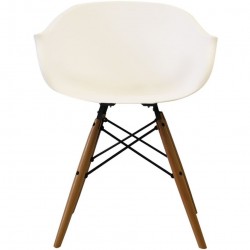 Eames Style DAW dining armchair in white and natural wooden legs front view