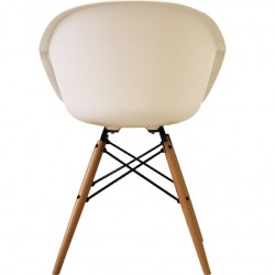 Eames Style DAW dining armchair in white and natural wooden legs rear view