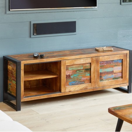 Akola Reclaimed Wood Widescreen TV Cabinet Sliding Door Detail