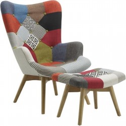 Multi-colour patchwork chair and stool angle view.