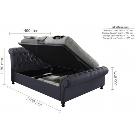 Castello Fabric Upholstered Side Ottoman Double  Bed - Dimensions