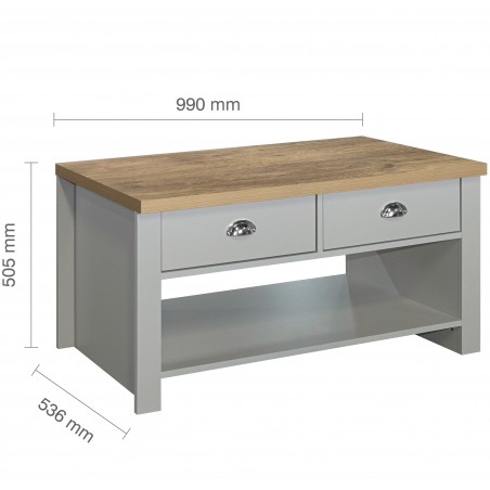 Hawford Two Drawer Coffee Table - Grey/Oak Dimensions