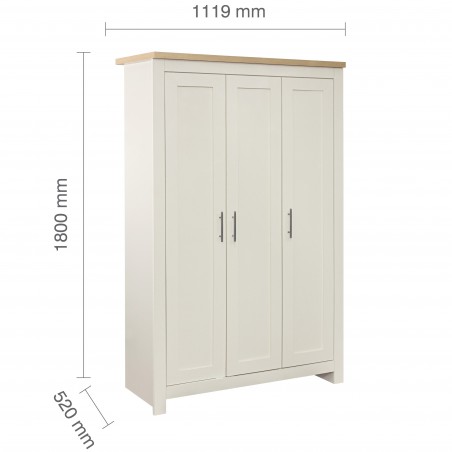 Hawford Three Door Wardrobe - Cream/Oak Dimensions