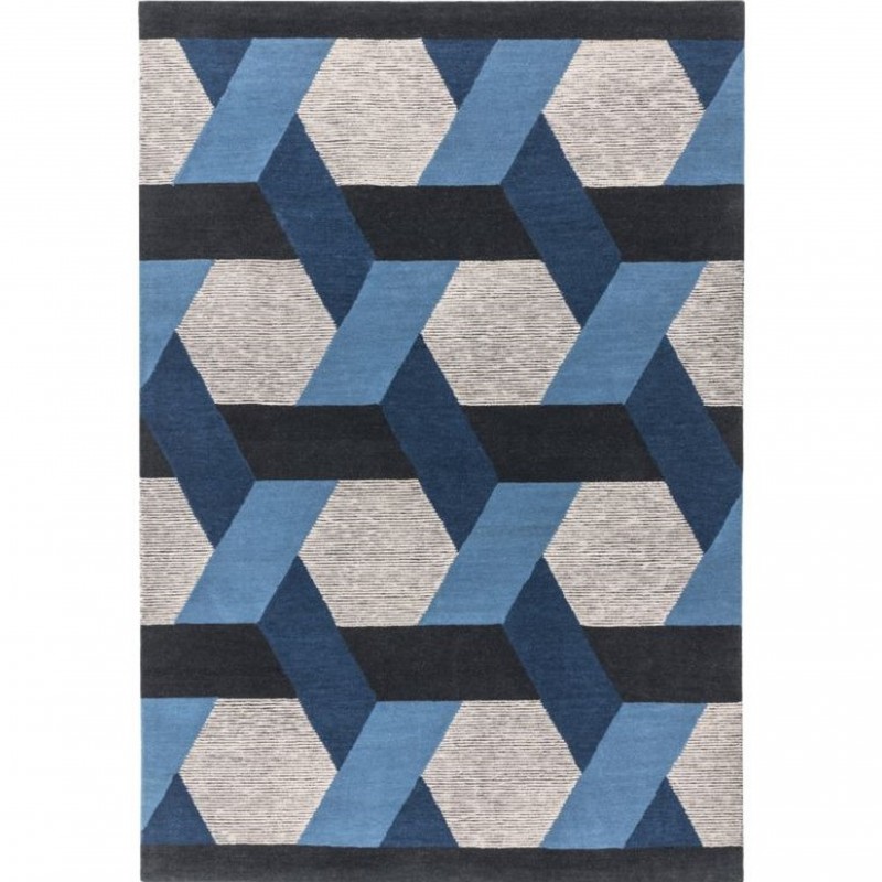 An image of Camden Hex Geometric Wool Rug - Blue - 160cm x 230cm