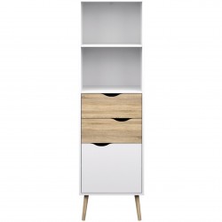 Asti Bookcase with 2 Drawers and 1 Door in White and Oak, Front View