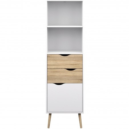 Asti Bookcase with 2 Drawers and 1 Door in White and Oak, Front View