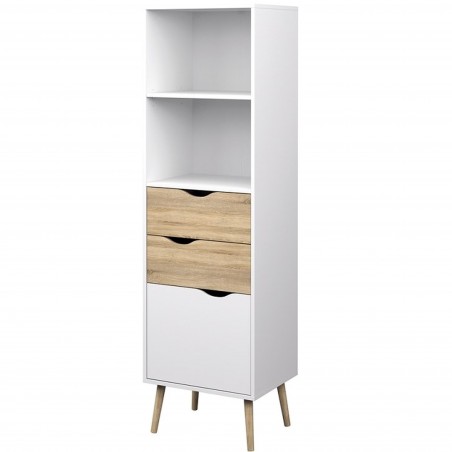 Asti Bookcase with 2 Drawers and 1 Door in White and Oak, Angled View