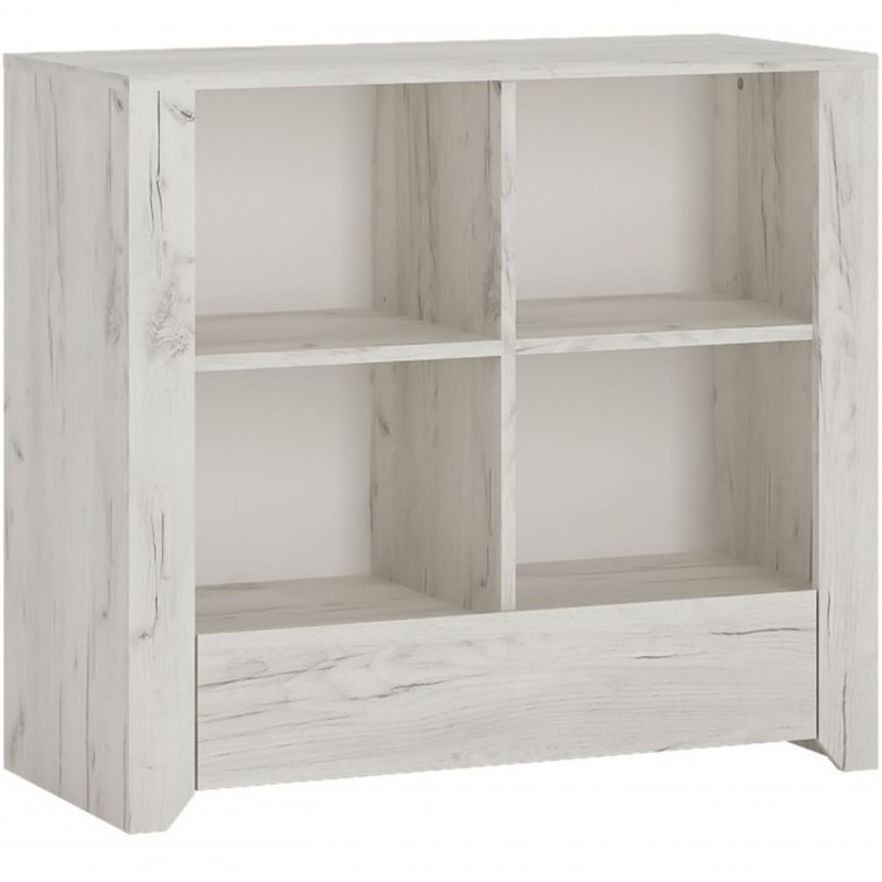 One Drawer Low Bookcase Angel, Low White Bookcase With Drawers