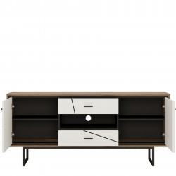 Earby TV Unit in white gloss and walnut, open door detail