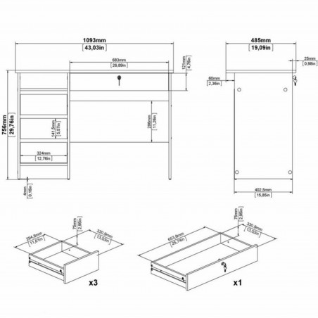 Cavaco Three + One Drawer Handle Free Desk - Dimensions 2