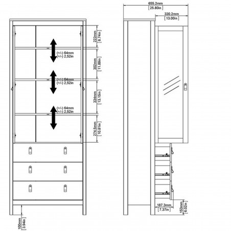Madrid Three Drawer Two Door Display Cabinet - Dimensions 2