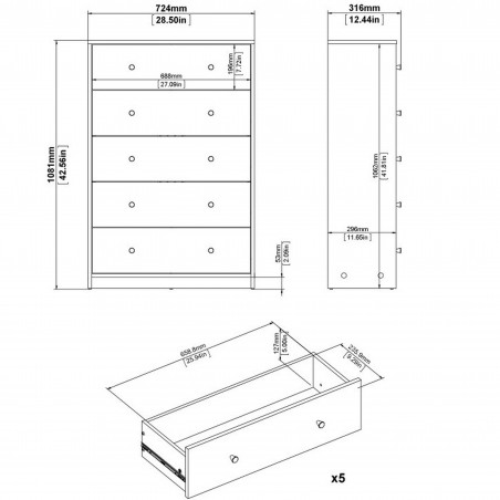 May Five Drawer Chest - Dimensions 1
