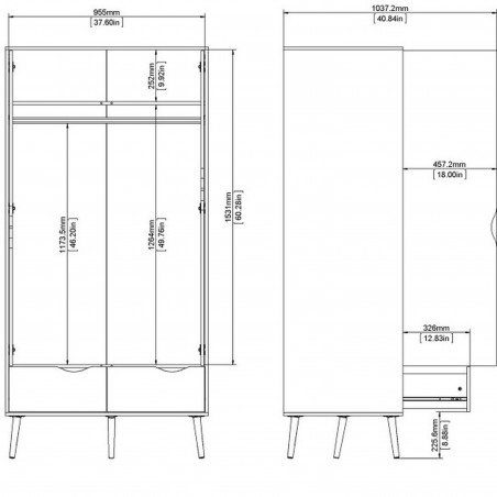Asti Two Door Two Drawer Wardrobe - Dimensions 2