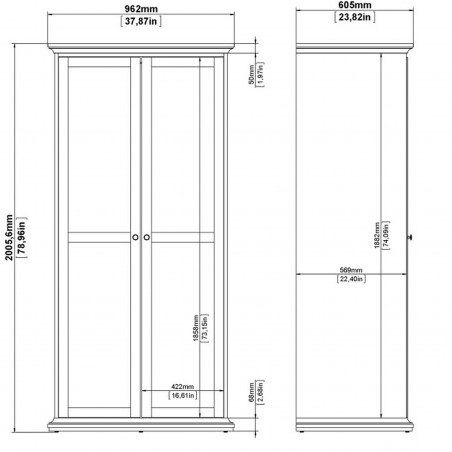 Marlow Two Door Wardrobe - Dimensions 1
