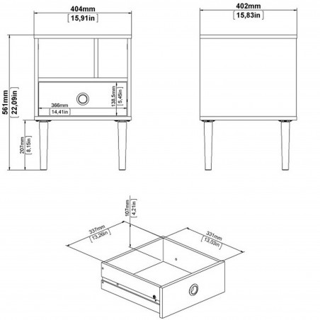 Rome One Drawer Bedside Table - Dimensions 1