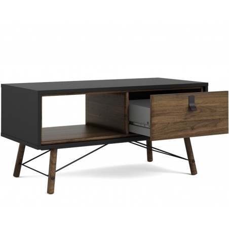 Tula Coffee Table in matt black and walnut, open drawer detail