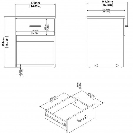Space One Drawer Bedside Cabinet - Dimensions 1
