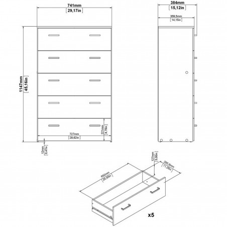 Space Five Drawer Chest - Dimensions 1
