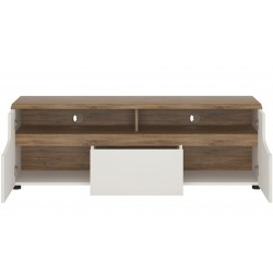 Elda TV Unit in Alpine white gloss and Stirling oak, open door and drawer view