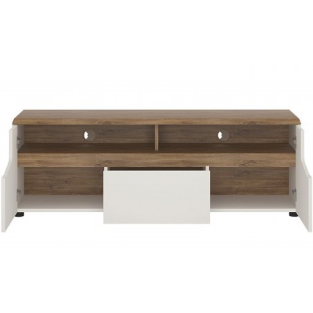 Elda TV Unit in Alpine white gloss and Stirling oak, open door and drawer view