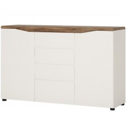 Elda 2 Door 4 Drawer Sideboard in Alpine white gloss and Sterling oak, angle view