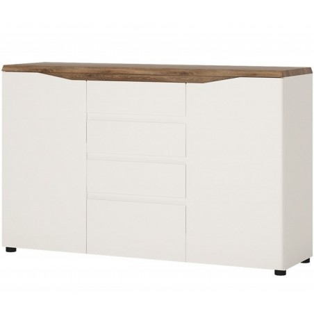 Elda 2 Door 4 Drawer Sideboard in Alpine white gloss and Sterling oak, angle view