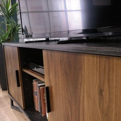Canyon Lane Industrial Style TV Stand Mood Shot Top With TV