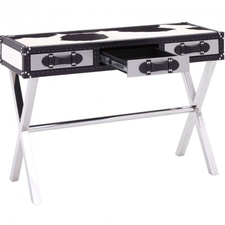 Huxley Cowhide Console Table - Black/White Drawer Open