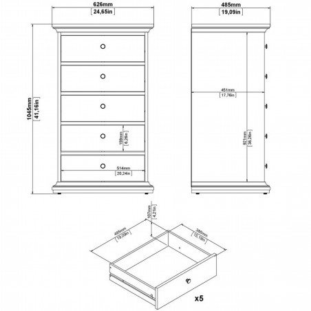 Marlow Five Drawers Chest - Dimensions 1