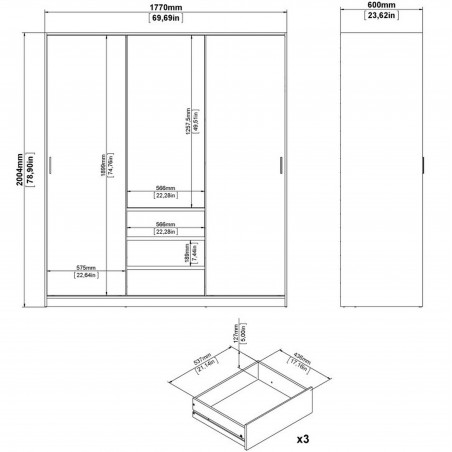 Naia three-door three drawer wardrobe - Dimensions 1