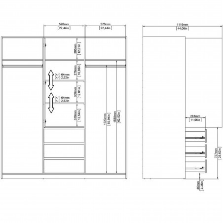 Naia three-door three drawer wardrobe - Dimensions 2