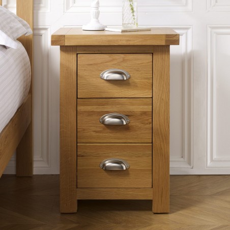 Coleby Large Three Drawer Bedside Cabinet Front View Mood Shot