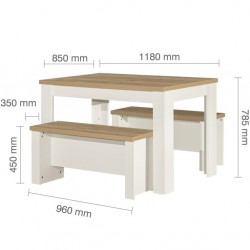 Hawford Dining Table & Bench Set Cream/Oak Dimensions