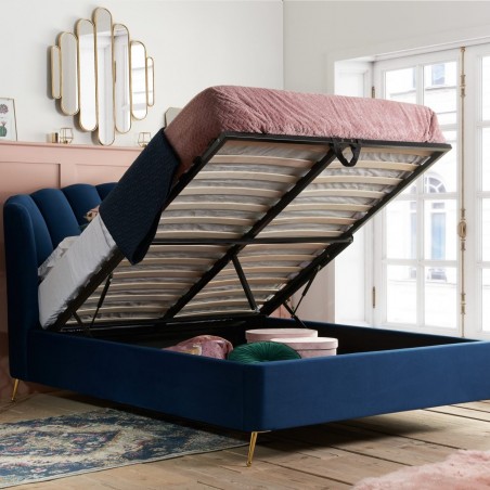 Lottie Fabric Upholstered Ottoman Bed - Blue Mood Shot raised