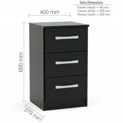 Lynx Three Drawer Bedside Cabinet - Black Dimensions