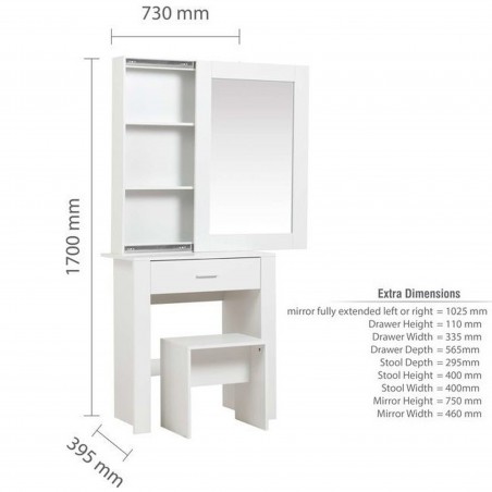 Evelyn One Drawer Sliding Mirror Dressing Table - White  Dimensions