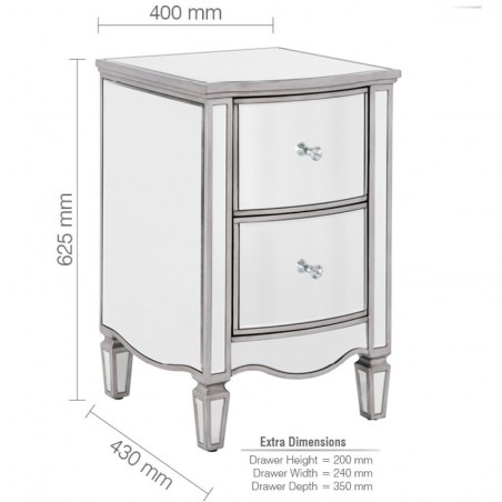 Elysee Two Drawer Bedside Cabinet Dimensions