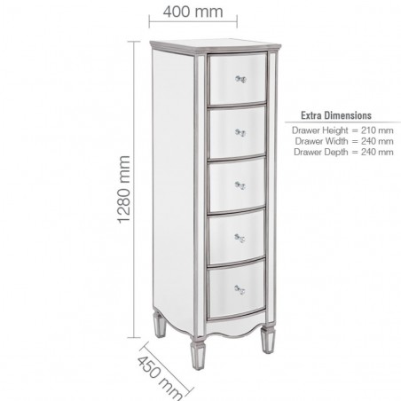 Elysee Five Drawer Narrow Chest Dimensions