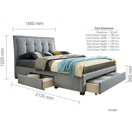 Shelby Three Drawer Grey Fabric  Double Bed - Dimensions