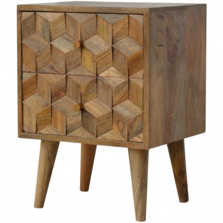 Chester Cube Carved Two Drawer Bedside Table - Oak Angled View