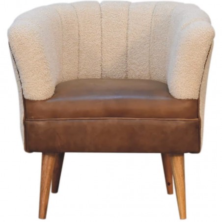 Pindray Cream Boucle & Buffalo Leather Armchair Front View