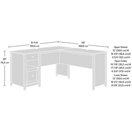 Home Study White L-Shaped Desk - Dimensions