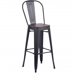 Tolix Style Metal Bar Stool with High Backrest & Wooden Seat - Gunmetal