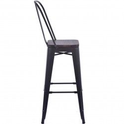 Tolix Style Metal Bar Stool with High Backrest & Wooden Seat - Gunmetal Side View