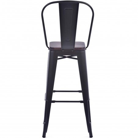 Tolix Style Metal Bar Stool with High Backrest & Wooden Seat - Gunmetal Rear View