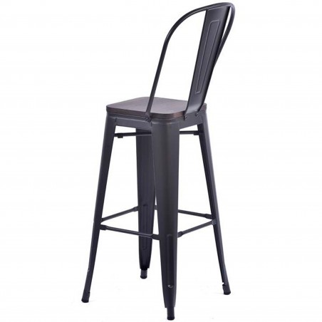 Tolix Style Metal Bar Stool with High Backrest & Wooden Seat - Gunmetal Angled View